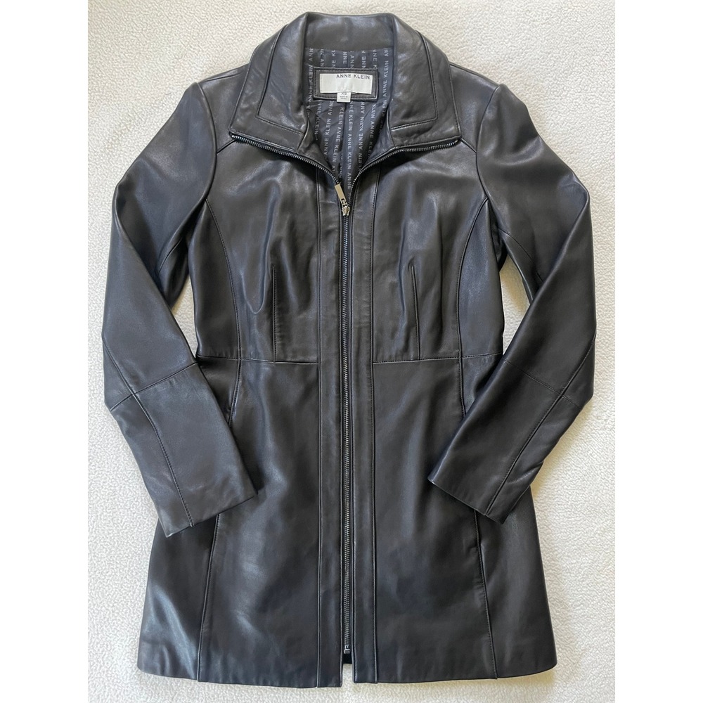 Vintage 90s Y2k Anne Klein Women XS Scuba Leather Trench Coat Black Zip Tailored